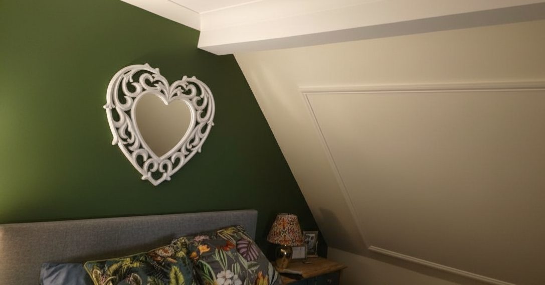 Beautifully decorated bedroom in Kent featuring rich green feature wall with ornate mirror and cream wall paneling by Paint It Better