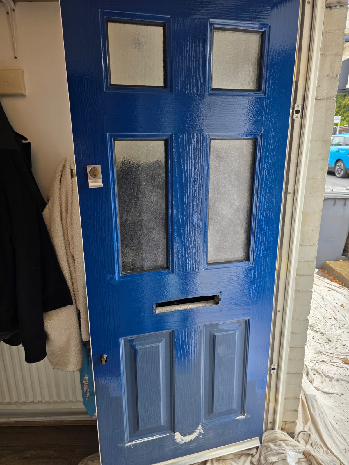 Front door with masking, mid-job