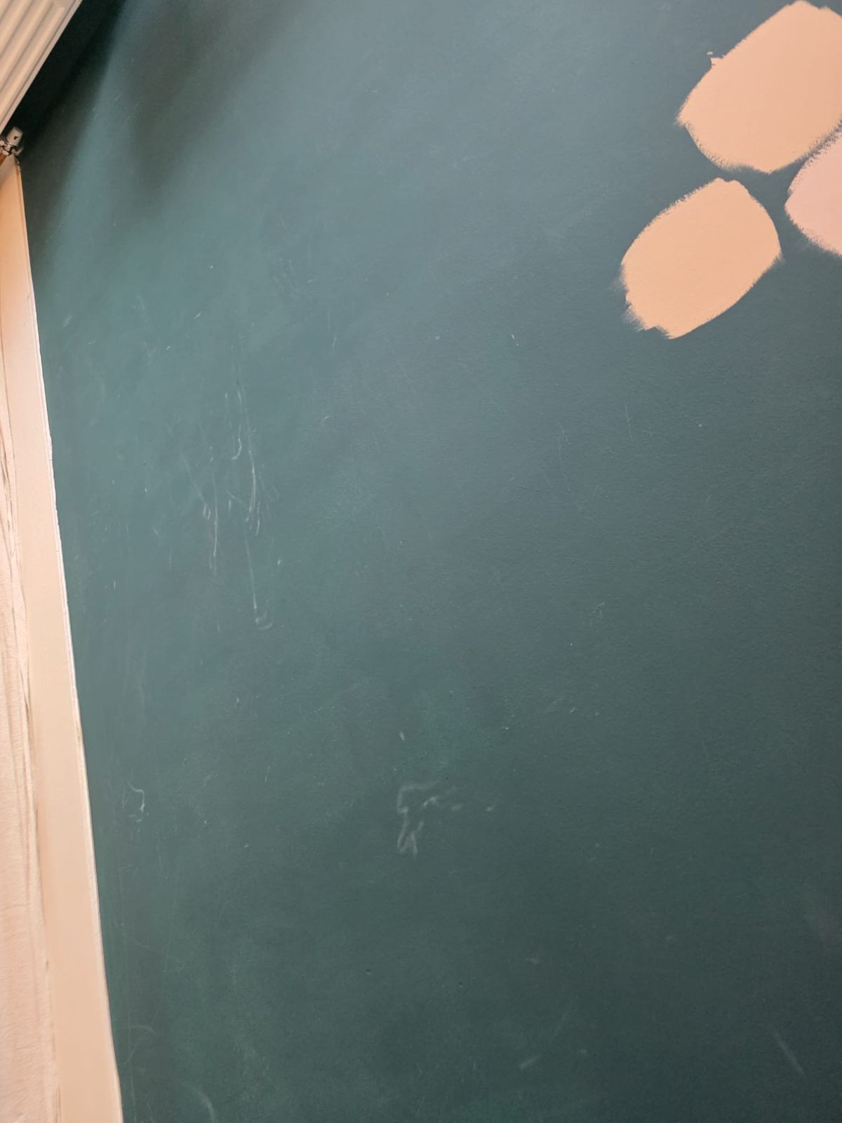 Teal wall with sample patches before