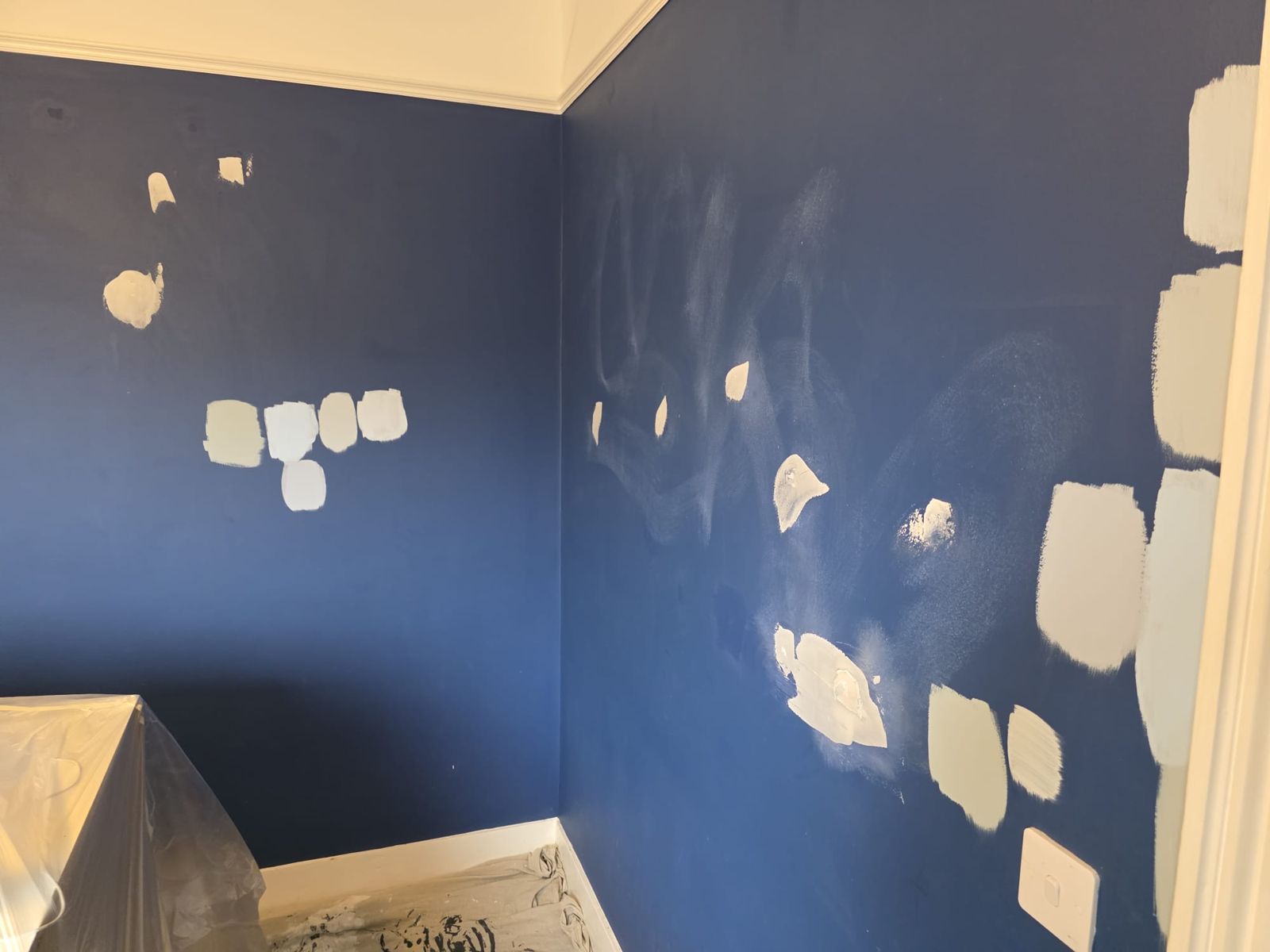 Navy bedroom with sample patches before