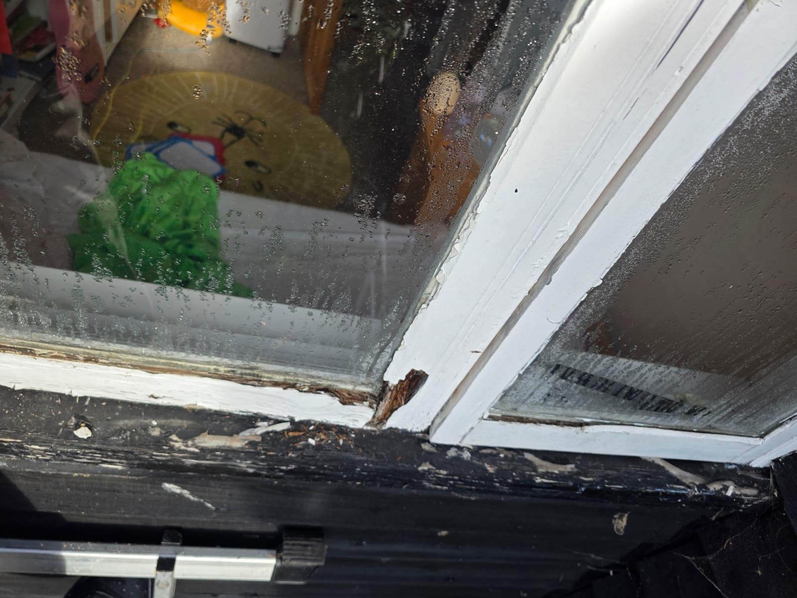 Window timber before, with rot and flaking paint